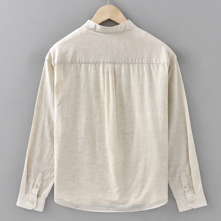 Buddha Stones Camicia da uomo a maniche lunghe, in cotone e lino, con colletto alla coreana e bottoni, ideale per la primavera. - image 1