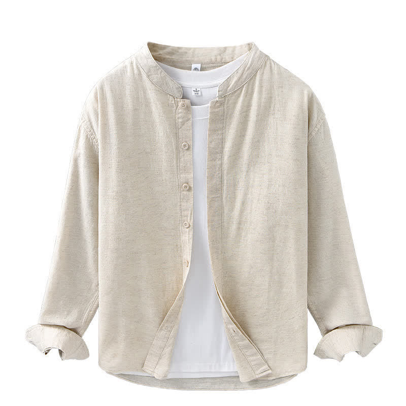 Buddha Stones Camicia da uomo a maniche lunghe, in cotone e lino, con colletto alla coreana e bottoni, ideale per la primavera. - image 2