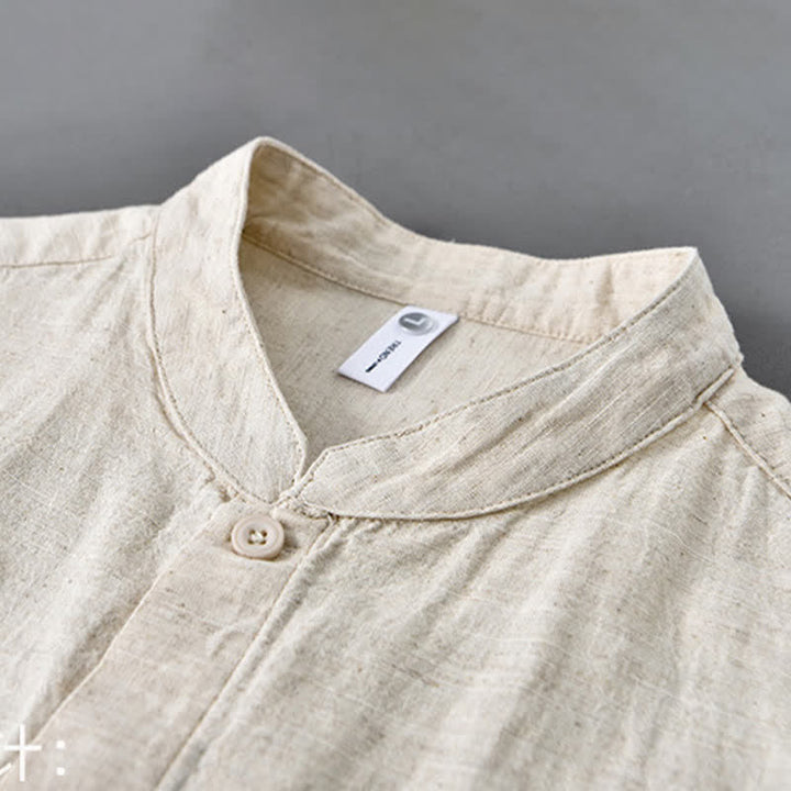 Buddha Stones Camicia da uomo a maniche lunghe, in cotone e lino, con colletto alla coreana e bottoni, ideale per la primavera. - image 4