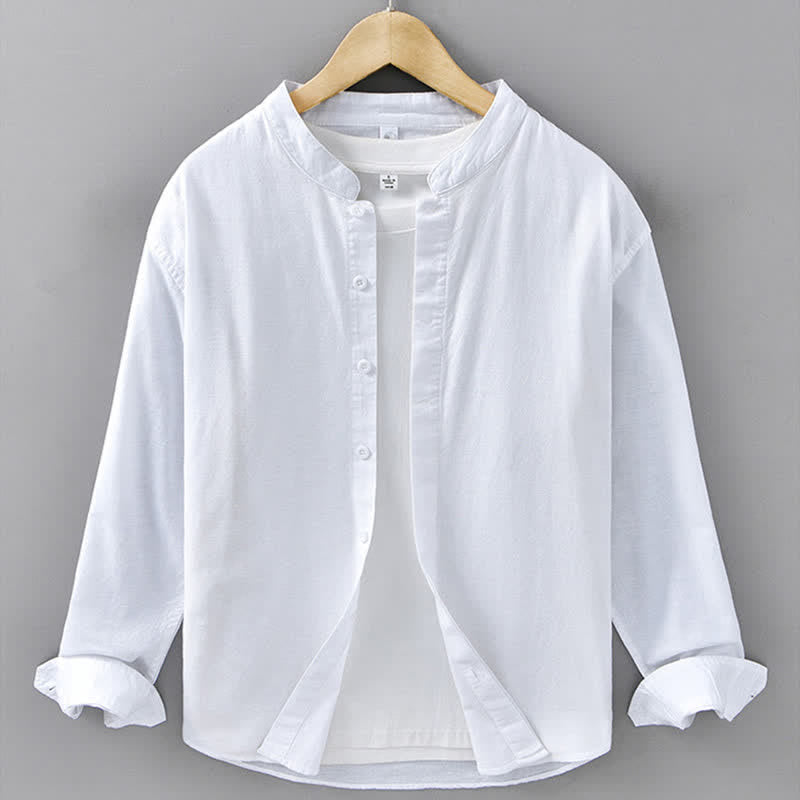 Buddha Stones Camicia da uomo a maniche lunghe, in cotone e lino, con colletto alla coreana e bottoni, ideale per la primavera. - Bianco - US/UK/AU42, EU52 (3XL) - image 17