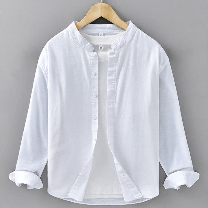 Buddha Stones Camicia da uomo a maniche lunghe, in cotone e lino, con colletto alla coreana e bottoni, ideale per la primavera. - Bianco - US/UK/AU42, EU52 (3XL) - image 17