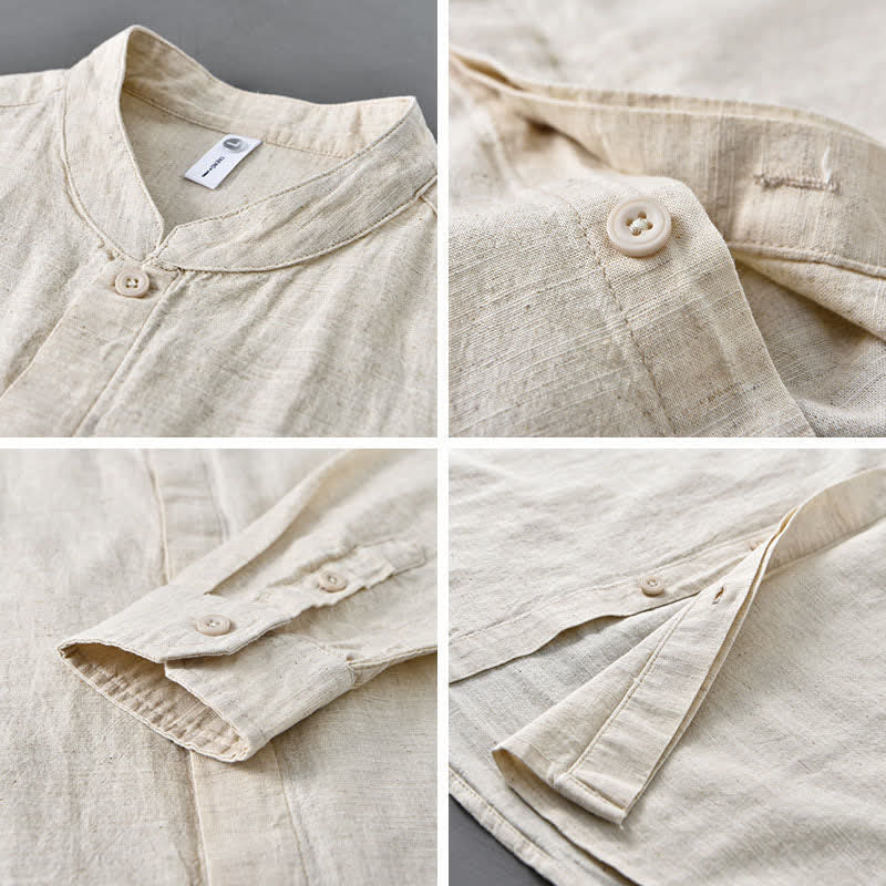 Buddha Stones Camicia da uomo a maniche lunghe, in cotone e lino, con colletto alla coreana e bottoni, ideale per la primavera. - image 3