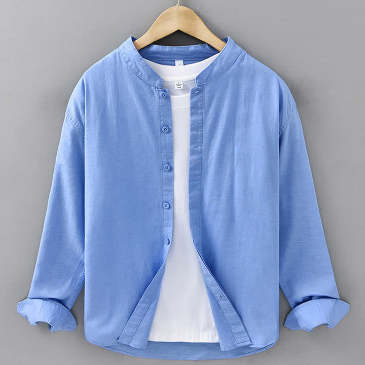 Buddha Stones Camicia da uomo a maniche lunghe, in cotone e lino, con colletto alla coreana e bottoni, ideale per la primavera. - Blu fiordaliso - US/UK/AU42, EU52 (3XL) - image 13