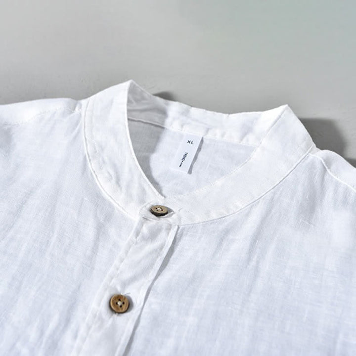 Buddha Stones Camicia da uomo a maniche lunghe in lino tinta unita, con colletto alla coreana e taschino applicato, ideale per la primavera. - image 22