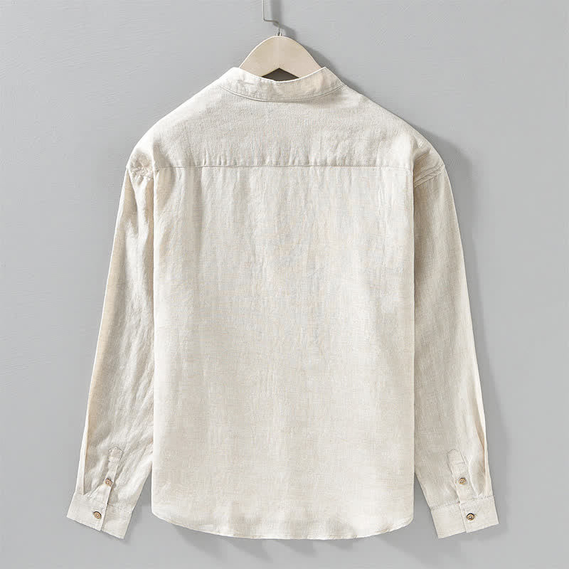 Buddha Stones Camicia da uomo a maniche lunghe in lino tinta unita, con colletto alla coreana e taschino applicato, ideale per la primavera. - image 1