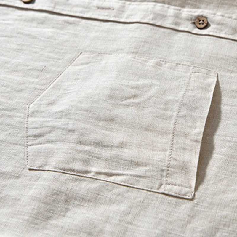 Buddha Stones Camicia da uomo a maniche lunghe in lino tinta unita, con colletto alla coreana e taschino applicato, ideale per la primavera. - image 6