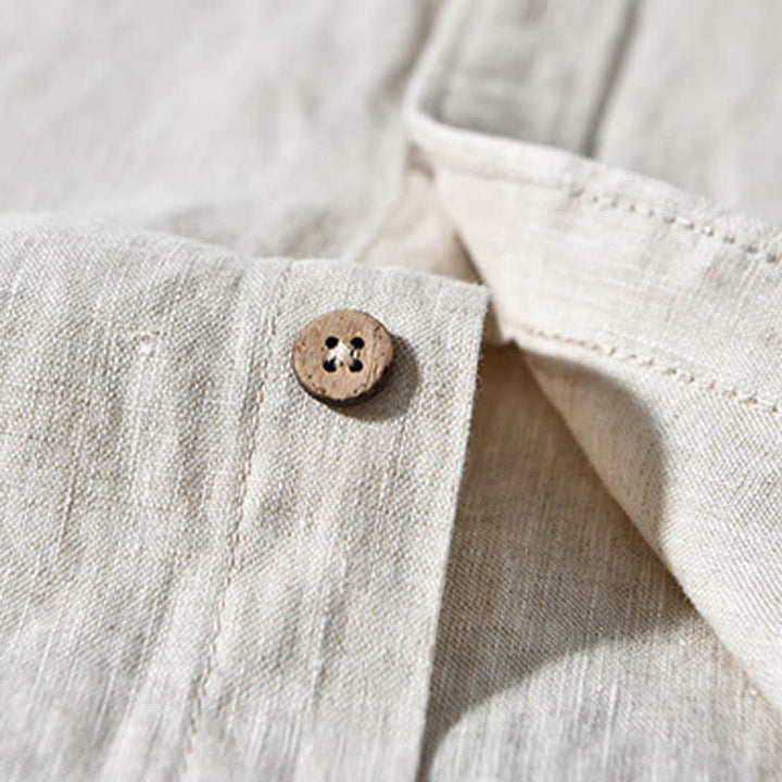 Buddha Stones Camicia da uomo a maniche lunghe in lino tinta unita, con colletto alla coreana e taschino applicato, ideale per la primavera. - image 5