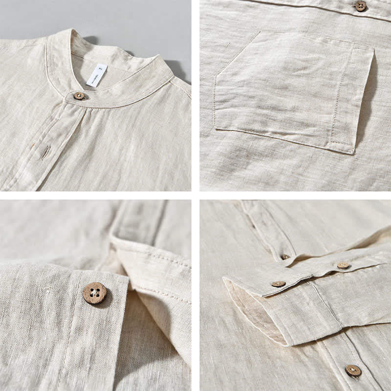 Buddha Stones Camicia da uomo a maniche lunghe in lino tinta unita, con colletto alla coreana e taschino applicato, ideale per la primavera. - image 3