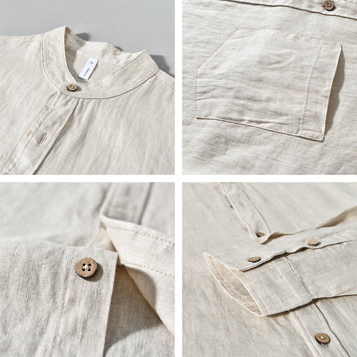 Buddha Stones Camicia da uomo a maniche lunghe in lino tinta unita, con colletto alla coreana e taschino applicato, ideale per la primavera. - image 3