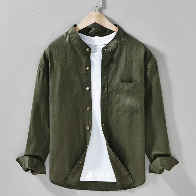 Buddha Stones Camicia da uomo a maniche lunghe in lino tinta unita, con colletto alla coreana e taschino applicato, ideale per la primavera. - Verde oliva scuro - US/UK/AU42, EU52 (3XL) - image 17