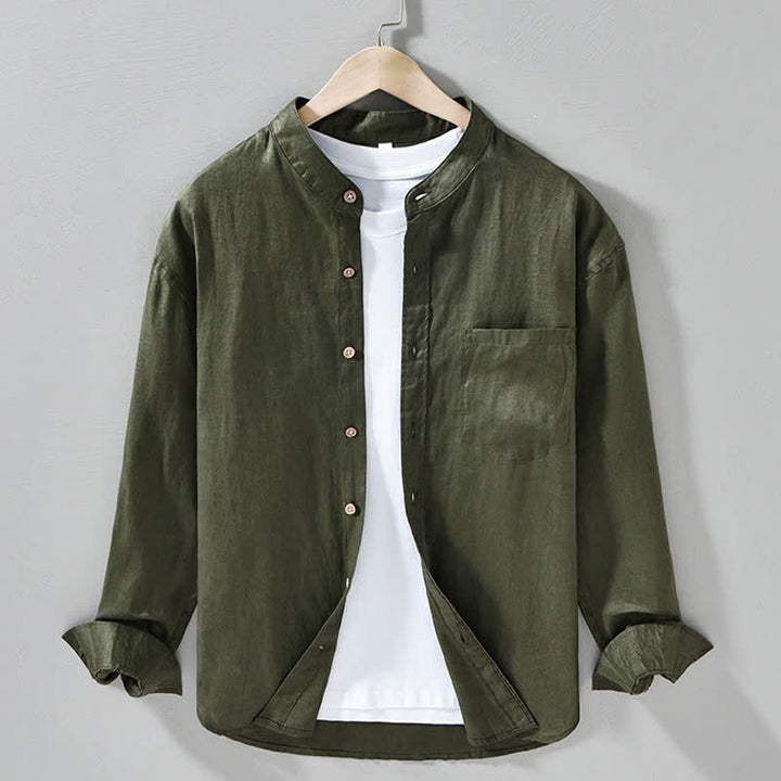 Buddha Stones Camicia da uomo a maniche lunghe in lino tinta unita, con colletto alla coreana e taschino applicato, ideale per la primavera. - Verde oliva scuro - US/UK/AU42, EU52 (3XL) - image 17