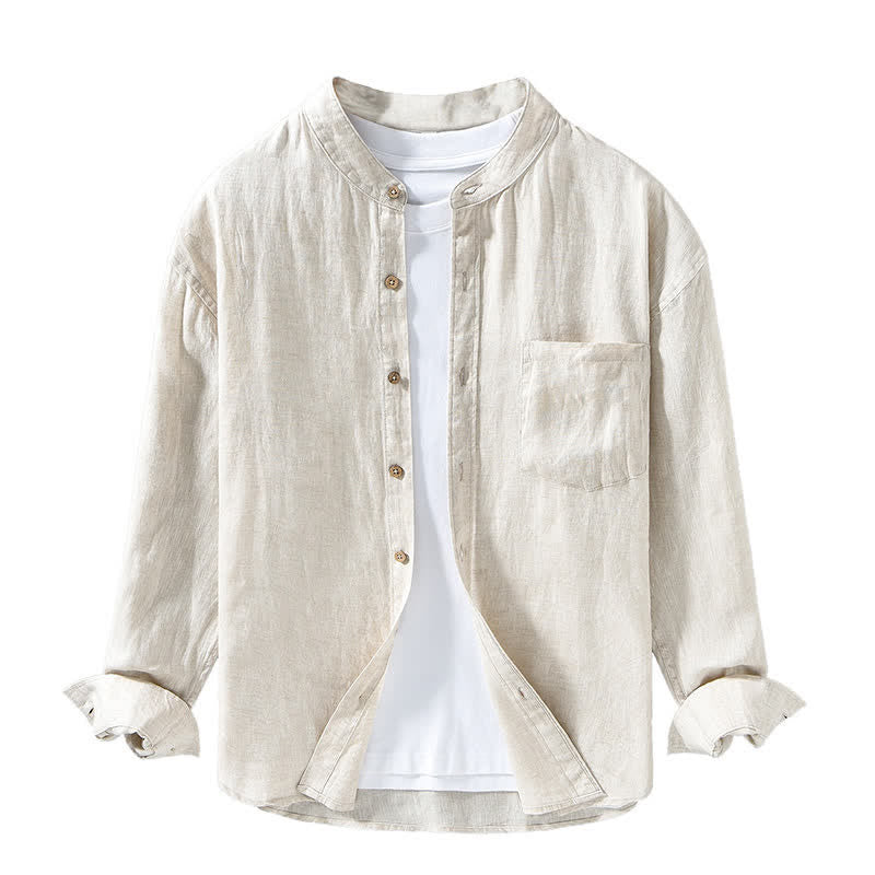 Buddha Stones Camicia da uomo a maniche lunghe in lino tinta unita, con colletto alla coreana e taschino applicato, ideale per la primavera. - image 2