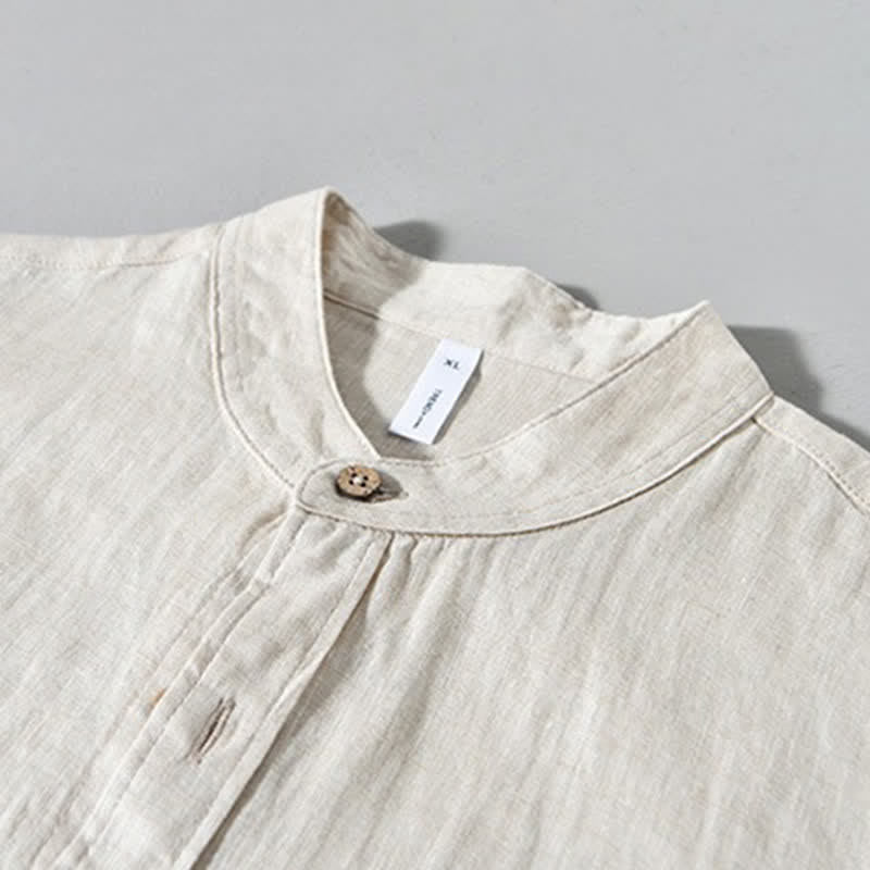 Buddha Stones Camicia da uomo a maniche lunghe in lino tinta unita, con colletto alla coreana e taschino applicato, ideale per la primavera. - image 4