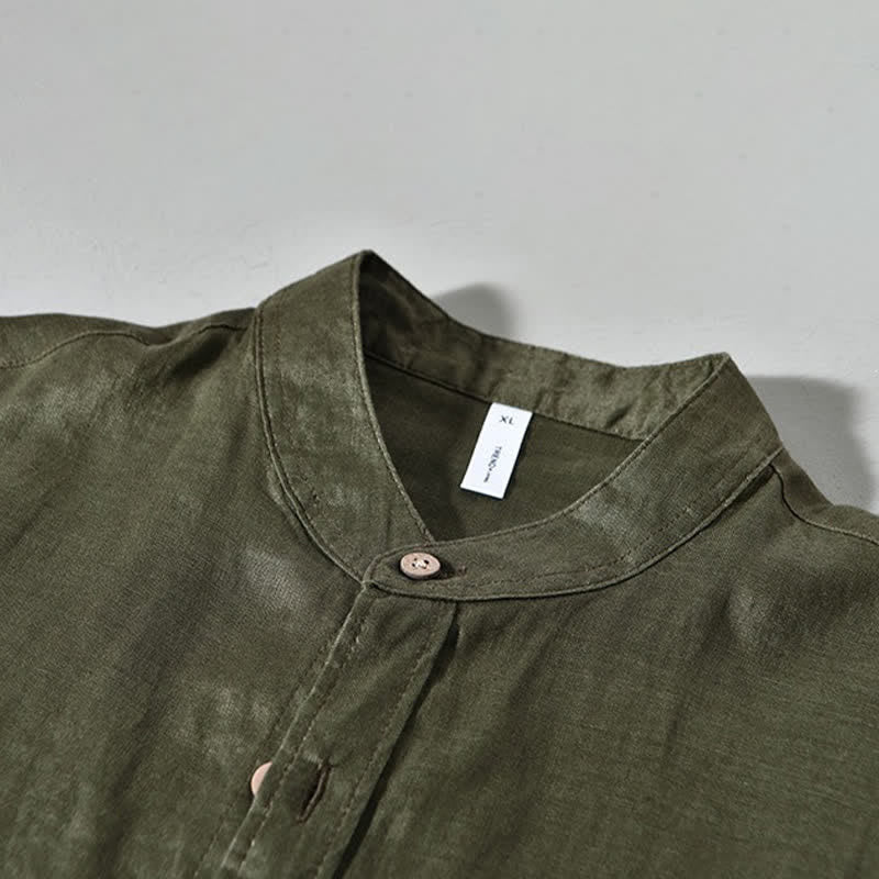 Buddha Stones Camicia da uomo a maniche lunghe in lino tinta unita, con colletto alla coreana e taschino applicato, ideale per la primavera. - image 18