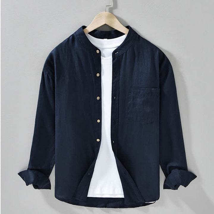 Buddha Stones Camicia da uomo a maniche lunghe in lino tinta unita, con colletto alla coreana e taschino applicato, ideale per la primavera. - Blu notte - US/UK/AU42, EU52 (3XL) - image 9