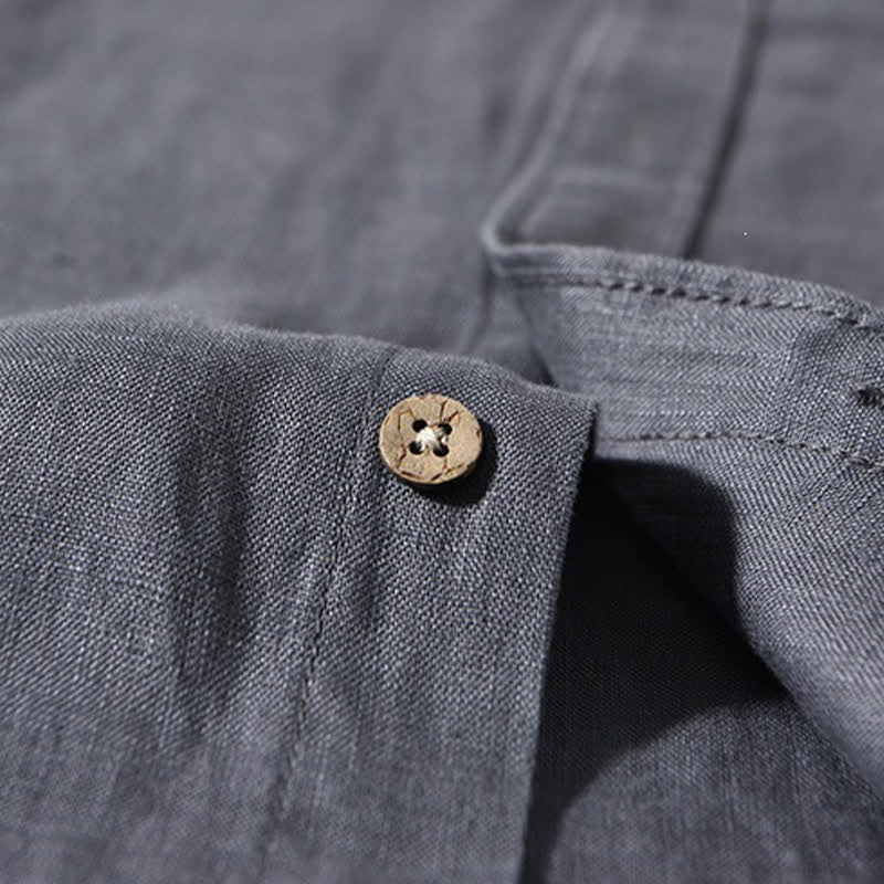 Buddha Stones Camicia da uomo a maniche lunghe in lino tinta unita, con colletto alla coreana e taschino applicato, ideale per la primavera. - image 15