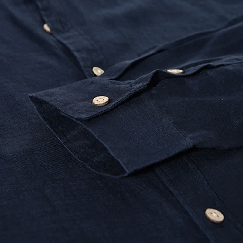Buddha Stones Camicia da uomo a maniche lunghe in lino tinta unita, con colletto alla coreana e taschino applicato, ideale per la primavera. - image 12