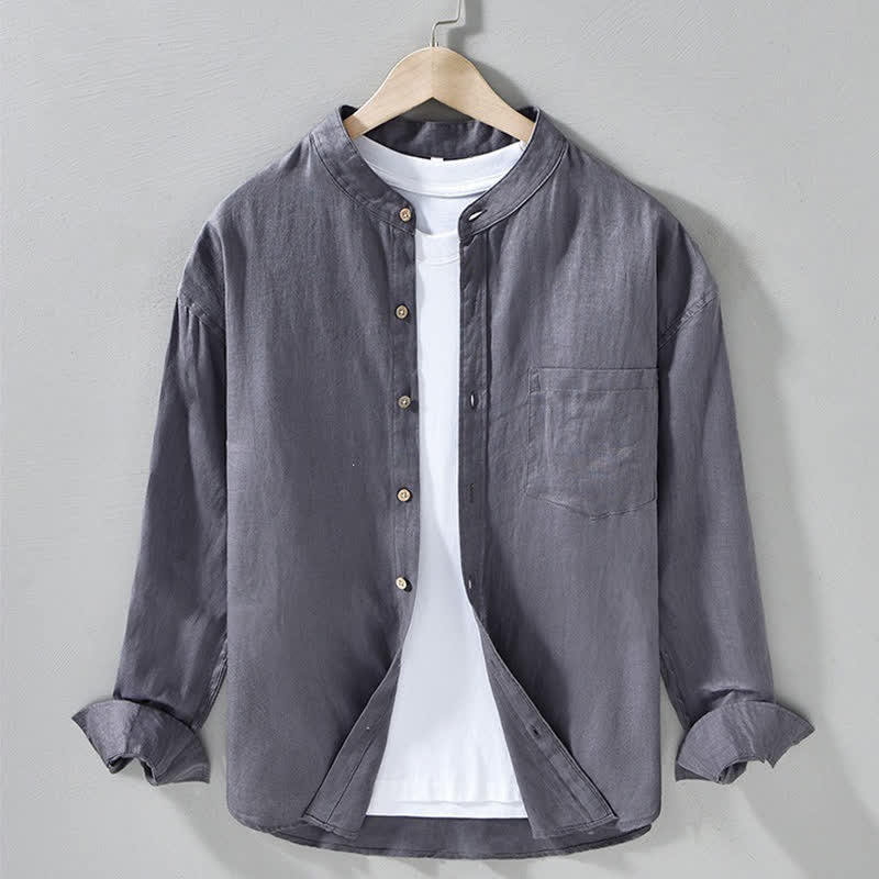 Buddha Stones Camicia da uomo a maniche lunghe in lino tinta unita, con colletto alla coreana e taschino applicato, ideale per la primavera. - Grigio ardesia - US/UK/AU42, EU52 (3XL) - image 13