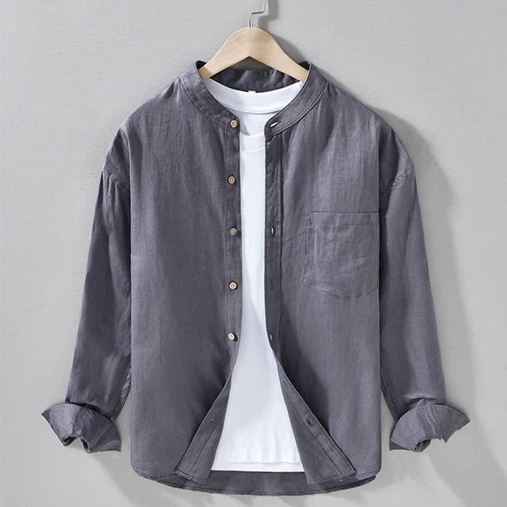 Buddha Stones Camicia da uomo a maniche lunghe in lino tinta unita, con colletto alla coreana e taschino applicato, ideale per la primavera. - Grigio ardesia - US/UK/AU42, EU52 (3XL) - image 13