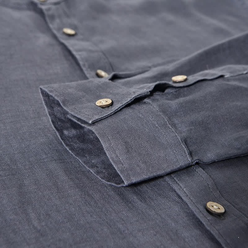 Buddha Stones Camicia da uomo a maniche lunghe in lino tinta unita, con colletto alla coreana e taschino applicato, ideale per la primavera. - image 16
