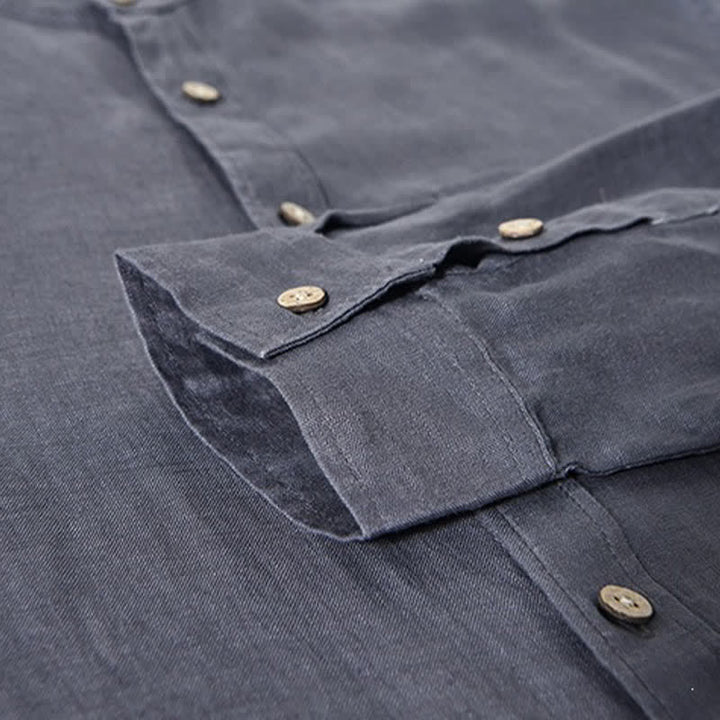Buddha Stones Camicia da uomo a maniche lunghe in lino tinta unita, con colletto alla coreana e taschino applicato, ideale per la primavera. - image 16