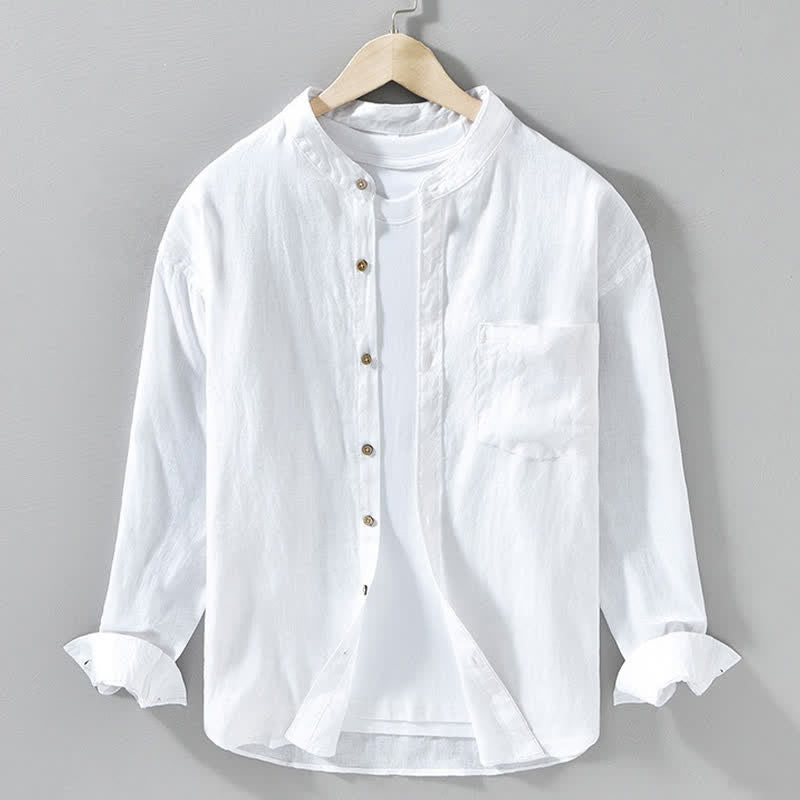 Buddha Stones Camicia da uomo a maniche lunghe in lino tinta unita, con colletto alla coreana e taschino applicato, ideale per la primavera. - Bianco - US/UK/AU42, EU52 (3XL) - image 21