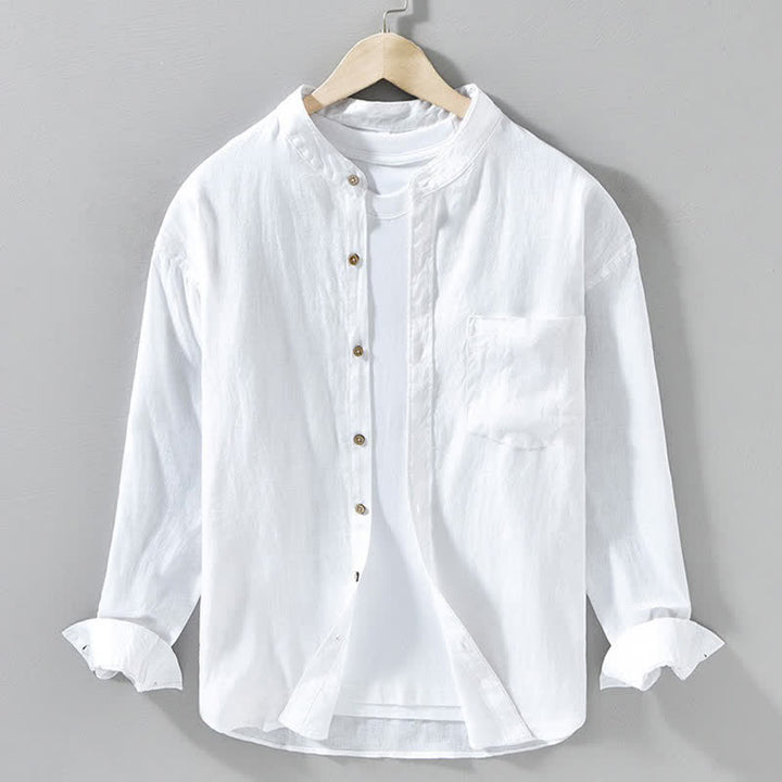 Buddha Stones Camicia da uomo a maniche lunghe in lino tinta unita, con colletto alla coreana e taschino applicato, ideale per la primavera. - Bianco - US/UK/AU42, EU52 (3XL) - image 21