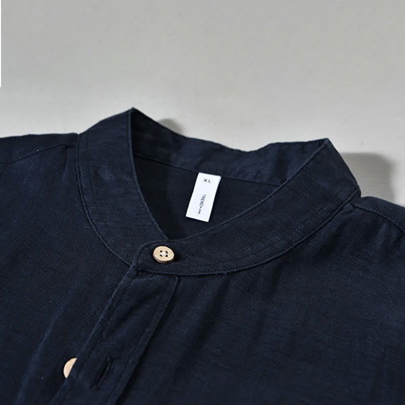 Buddha Stones Camicia da uomo a maniche lunghe in lino tinta unita, con colletto alla coreana e taschino applicato, ideale per la primavera. - image 10