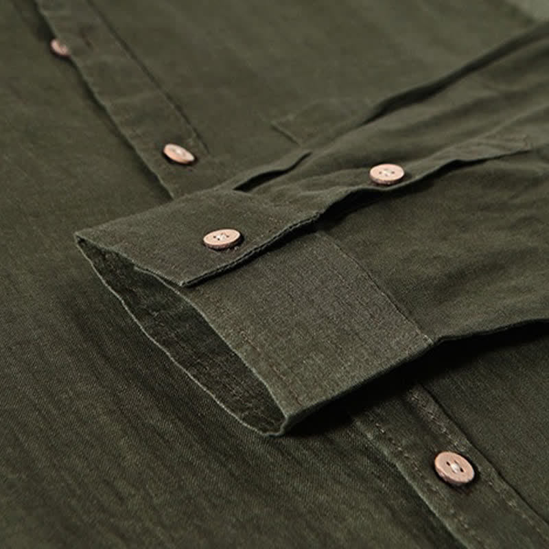 Buddha Stones Camicia da uomo a maniche lunghe in lino tinta unita, con colletto alla coreana e taschino applicato, ideale per la primavera. - image 20