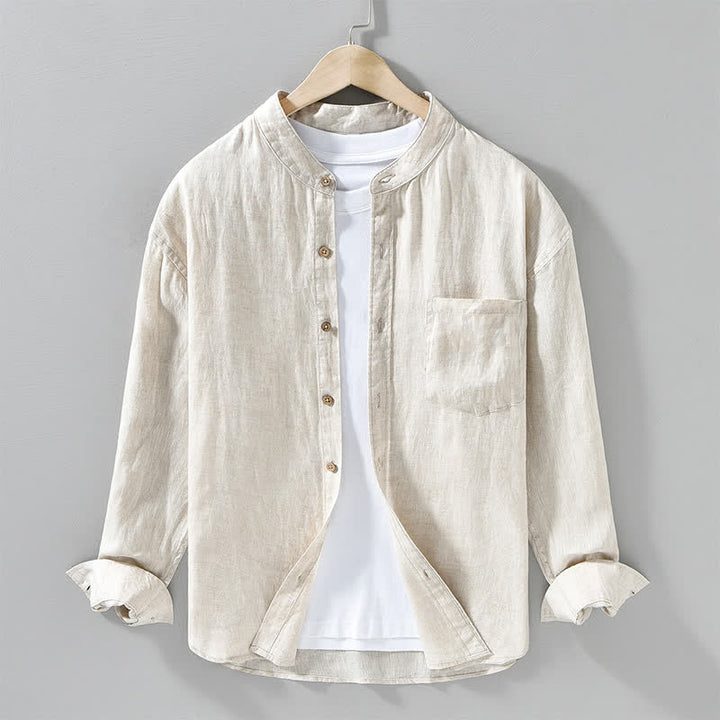 Buddha Stones Camicia da uomo a maniche lunghe in lino tinta unita, con colletto alla coreana e taschino applicato, ideale per la primavera. - Beige - US/UK/AU42, EU52 (3XL) - image 0
