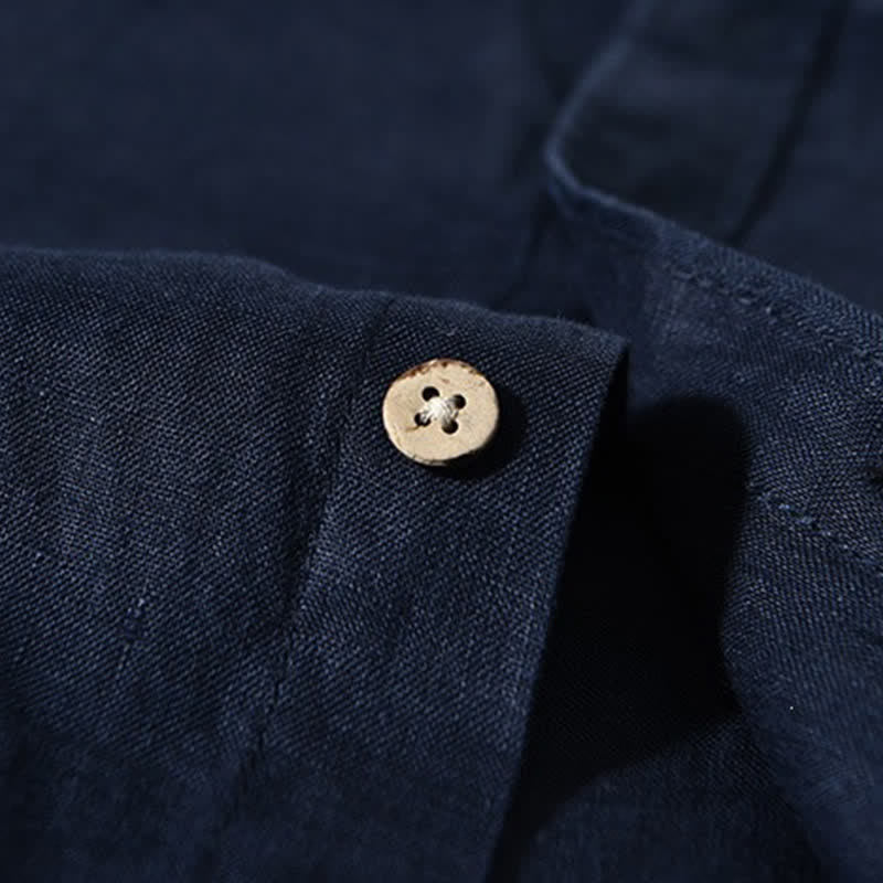 Buddha Stones Camicia da uomo a maniche lunghe in lino tinta unita, con colletto alla coreana e taschino applicato, ideale per la primavera. - image 11