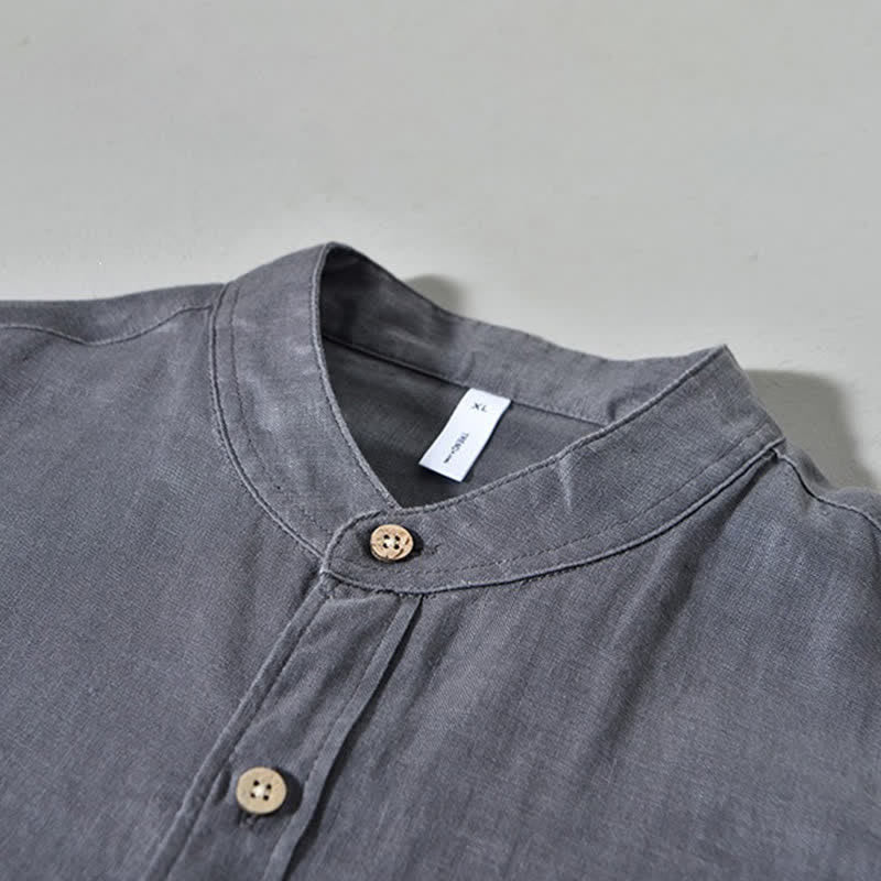 Buddha Stones Camicia da uomo a maniche lunghe in lino tinta unita, con colletto alla coreana e taschino applicato, ideale per la primavera. - image 14