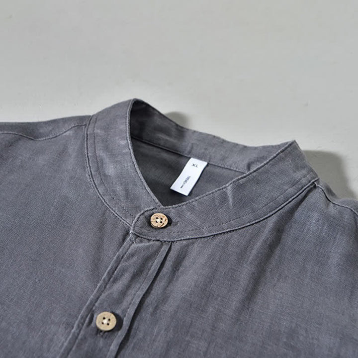 Buddha Stones Camicia da uomo a maniche lunghe in lino tinta unita, con colletto alla coreana e taschino applicato, ideale per la primavera. - image 14