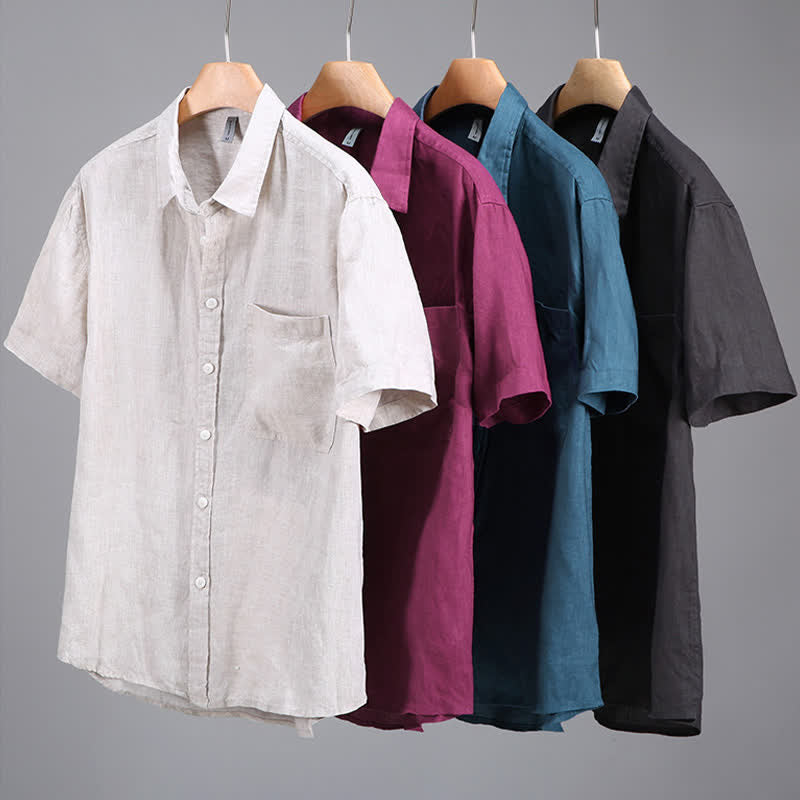 Buddha Stones Camicia da uomo estiva casual a maniche corte in lino tinta unita con bottoni e taschino applicato - image 12