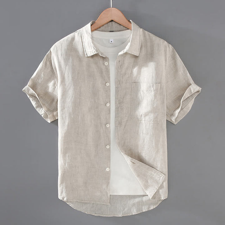 Buddha Stones Camicia da uomo estiva casual a maniche corte in lino tinta unita con bottoni e taschino applicato - Beige - US/UK/AU42, EU52 (3XL) - image 0