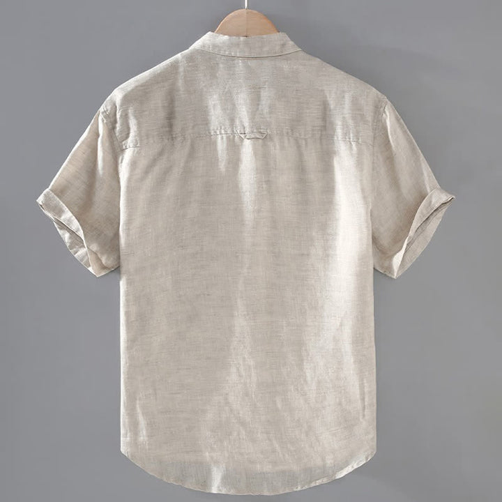 Buddha Stones Camicia da uomo estiva casual a maniche corte in lino tinta unita con bottoni e taschino applicato - image 1