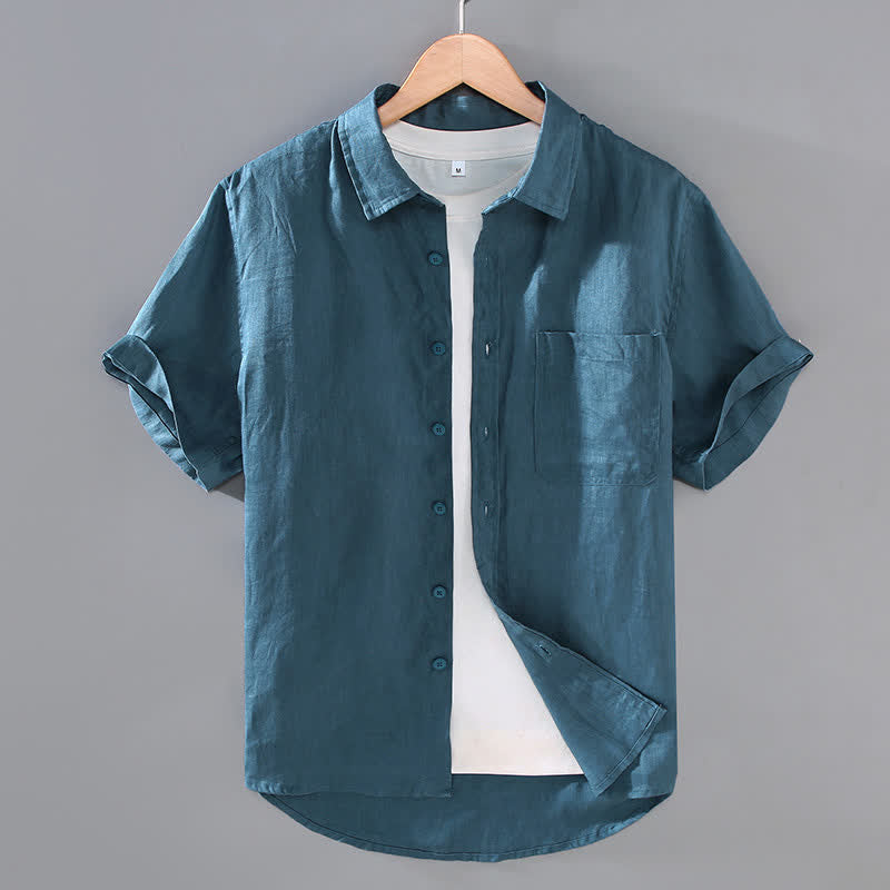 Buddha Stones Camicia da uomo estiva casual a maniche corte in lino tinta unita con bottoni e taschino applicato - Cadetto Blu - US/UK/AU42, EU52 (3XL) - image 10