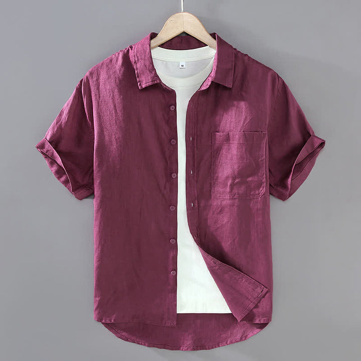 Buddha Stones Camicia da uomo estiva casual a maniche corte in lino tinta unita con bottoni e taschino applicato - Rosso viola pallido - US/UK/AU42, EU52 (3XL) - image 11