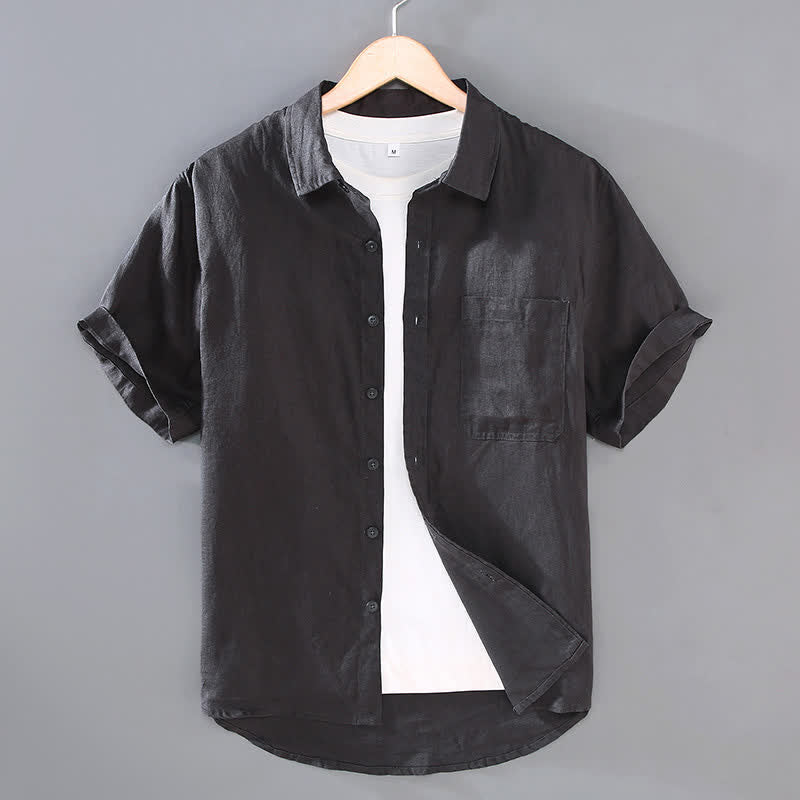 Buddha Stones Camicia da uomo estiva casual a maniche corte in lino tinta unita con bottoni e taschino applicato - Grigio ardesia scuro - US/UK/AU42, EU52 (3XL) - image 9