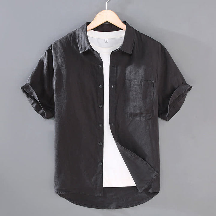 Buddha Stones Camicia da uomo estiva casual a maniche corte in lino tinta unita con bottoni e taschino applicato - Grigio ardesia scuro - US/UK/AU42, EU52 (3XL) - image 9
