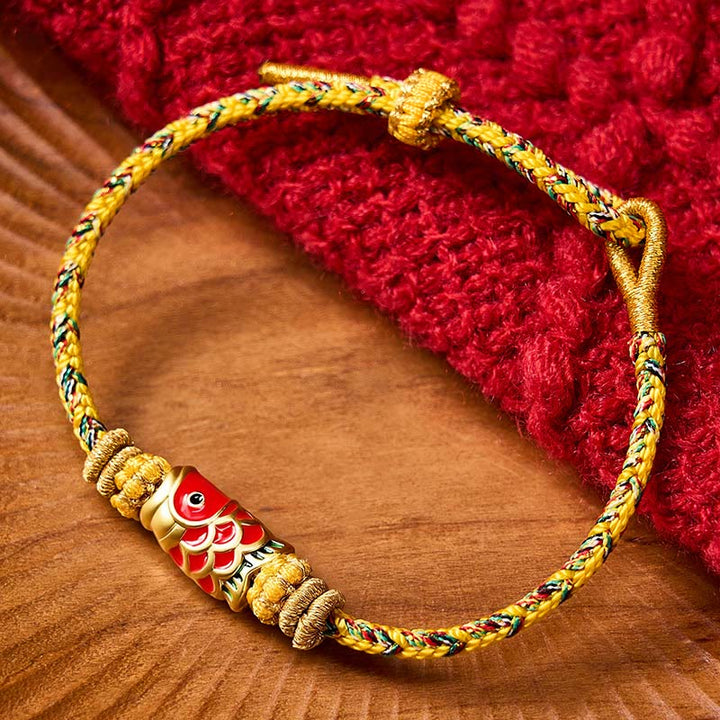 Buddha Stones Braccialetto portafortuna con pesci koi, realizzato a mano con cordino intrecciato. - Giallo con accessorio a forma di pesce koi - image 19
