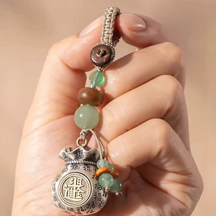 Buddha Stones Portachiavi con perline e sacchetto portafortuna intrecciato a mano con personaggio Fu in rame - image 9