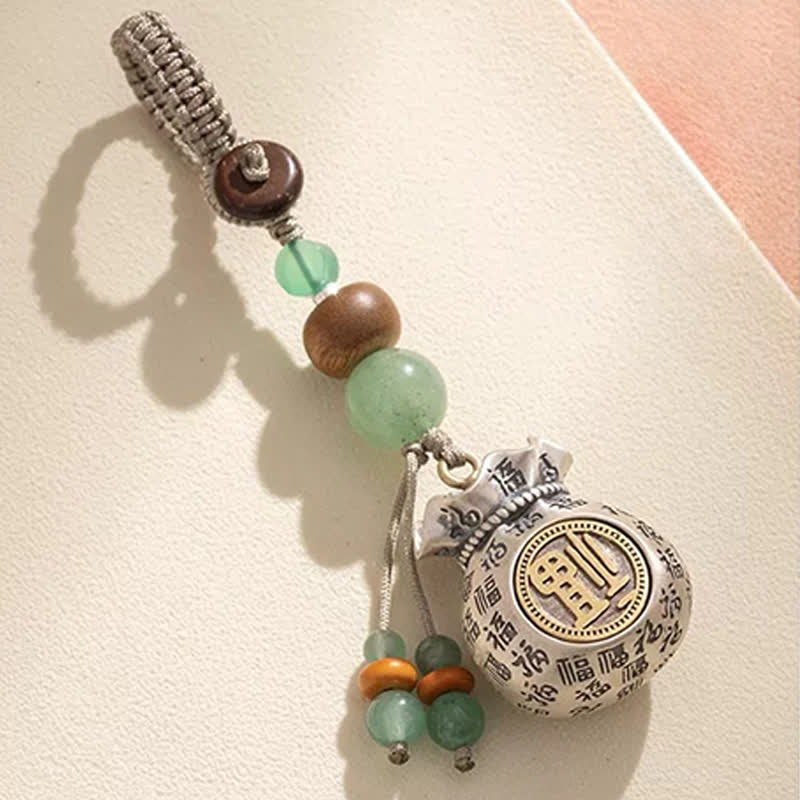 Buddha Stones Portachiavi con perline e sacchetto portafortuna intrecciato a mano con personaggio Fu in rame - Personaggio Fu (Fortuna ♥ Benedizione) - image 0