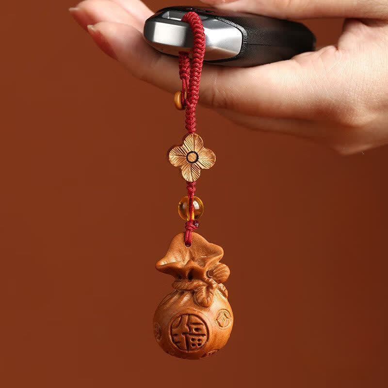 Buddha Stones Portachiavi portafortuna con personaggio Fu in legno di pesca e loto - image 4