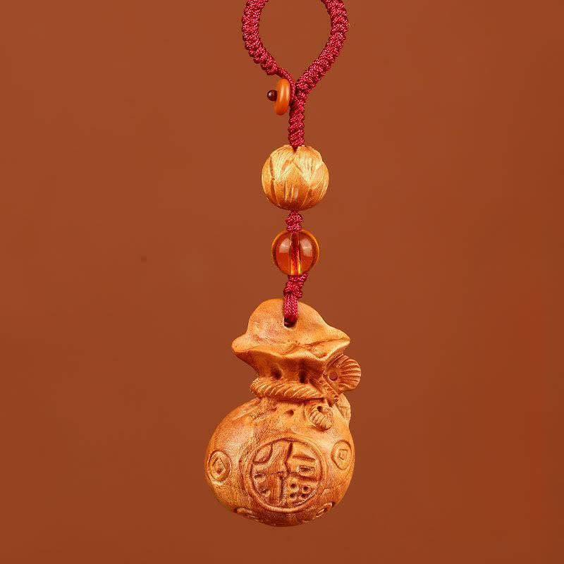 Buddha Stones Portachiavi portafortuna con personaggio Fu in legno di pesca e loto - corda rossa del loto - image 9