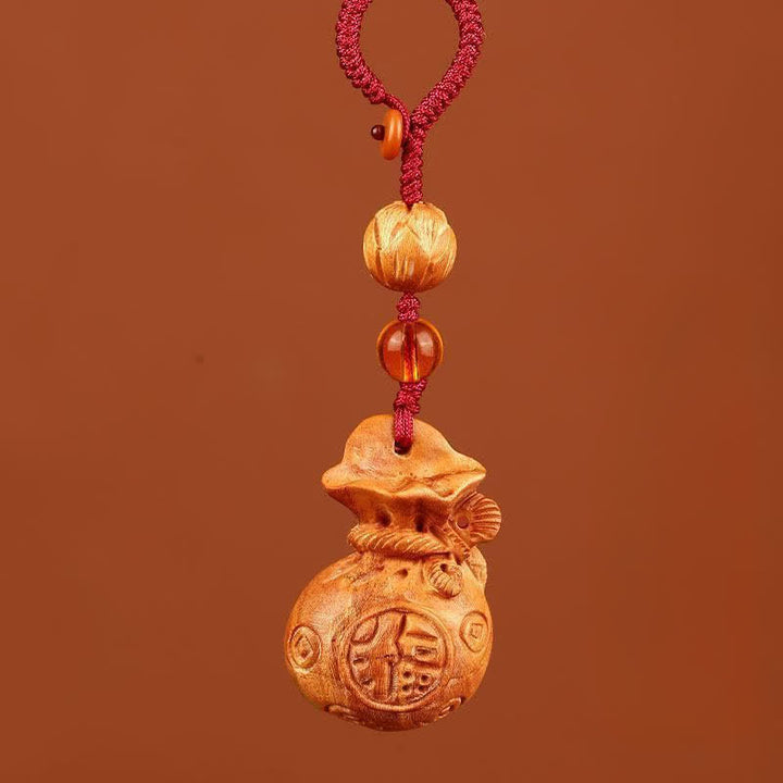 Buddha Stones Portachiavi portafortuna con personaggio Fu in legno di pesca e loto - corda rossa del loto - image 9
