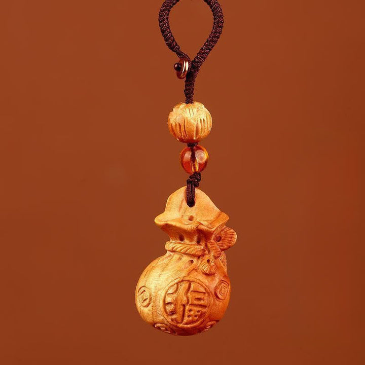 Buddha Stones Portachiavi portafortuna con personaggio Fu in legno di pesca e loto - corda marrone loto - image 8