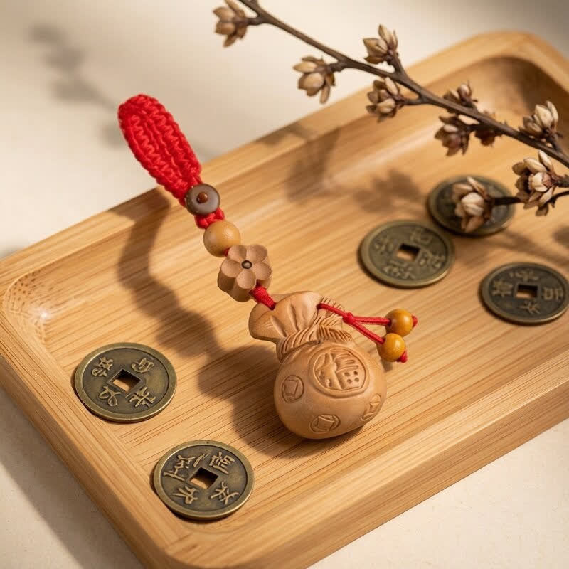 Buddha Stones Portachiavi portafortuna con personaggio Fu in legno di pesca e loto - Perline a forma di fiore di prugno, corda rossa - image 11