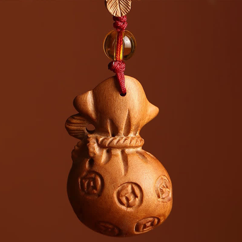Buddha Stones Portachiavi portafortuna con personaggio Fu in legno di pesca e loto - image 3