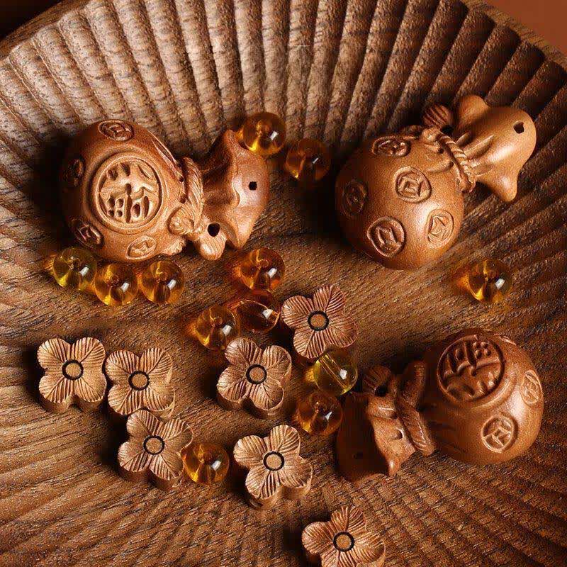 Buddha Stones Portachiavi portafortuna con personaggio Fu in legno di pesca e loto - image 12